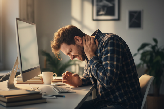 create a picture for a tech guy slouching on the computer looks like in pain