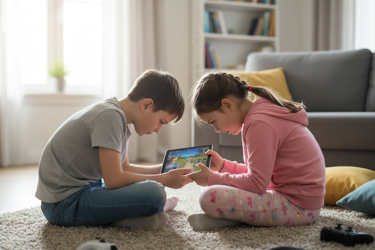 create a picture of a boy and a girl slouching playing games on a tablet