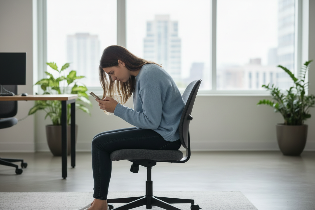 create a picture of a girl sitting slouching on her phone 