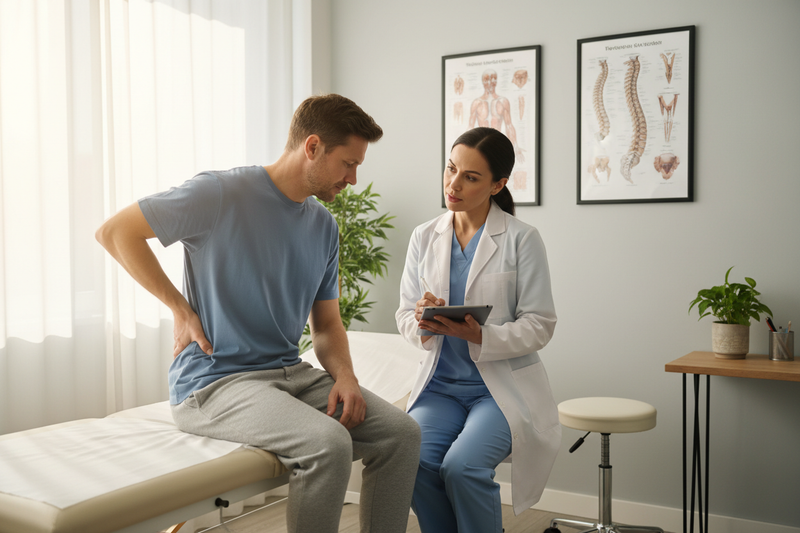 create an image of a guy consulting his doctor about back pain